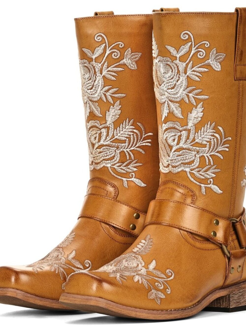 Flower Square Toe Cowboy Boots for Women Western Moto Riding Half-Boots